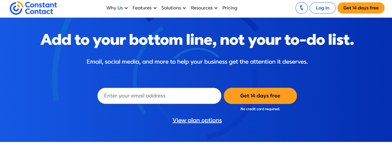 Constant Contact interface showing email campaign builder and event management features